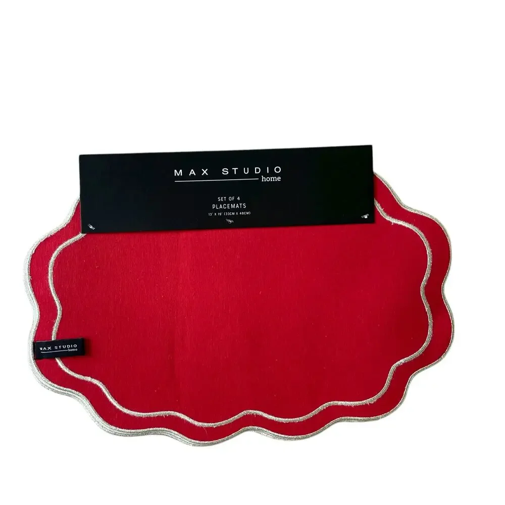 Max Studio Embroidered Cotton Placemats 13x19 Red & Gold Scalloped Set of 4 NEW